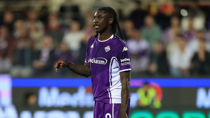 FLORENCE, ITALY - MAY 18: Moise Kean of ACF Fiorentina reacts during the Serie A match between Fiorentina and Bologna at Stadio Artemio Franchi on May 18, 2025 in Florence, Italy. (Photo by Gabriele Maltinti/Getty Images) moise kean