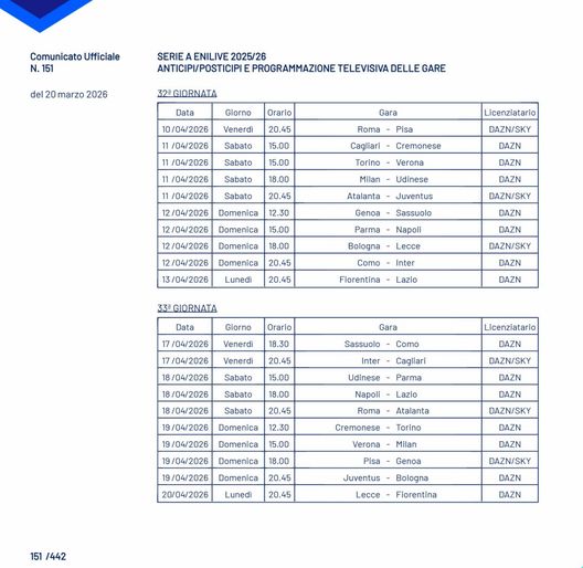 Serie A, date e orari fino alla 34a giornata: Como-Inter domenica 12, col Cagliari si anticipa- immagine 3