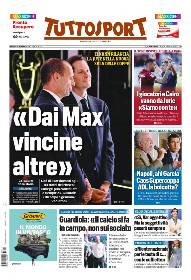 Tuttosport, la prima pagina di oggi, martedì 10 ottobre 2023 Tuttosport