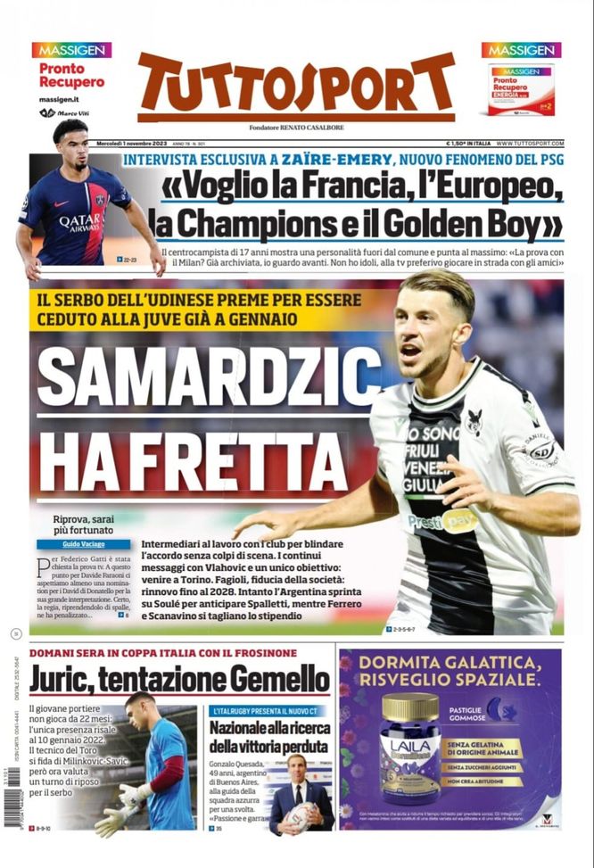 Tuttosport, la prima pagina di oggi, mercoledì 1° novembre 2023 Tuttosport