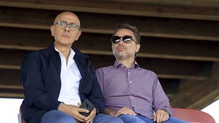 MILAN, ITALY - OCTOBER 08: Vincenzo Vergine (L) Youth Sector Director of AC Milan and Giorgio Furlani (R) CEO of AC Milan looks on during the Primavera 1 match between AC Milan U19 and Atalanta BC U19 at Vismara PUMA House of Football on October 08, 2023 in Milan, Italy. (Photo by Giuseppe Cottini/AC Milan via Getty Images)