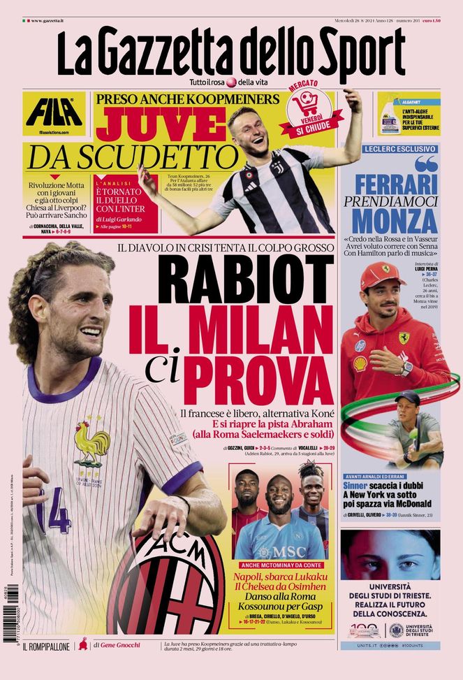 La Gazzetta dello Sport, la prima pagina di oggi, mercoledì 28 agosto 2024 La Gazzetta dello Sport