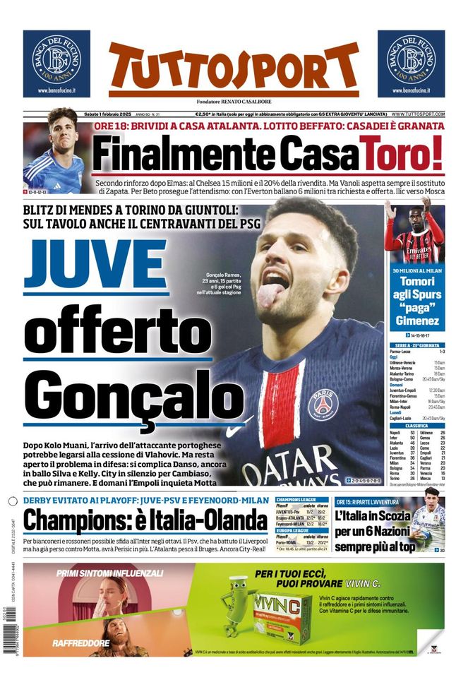 Tuttosport, la prima pagina di oggi, sabato 1° febbraio 2025 Tuttosport