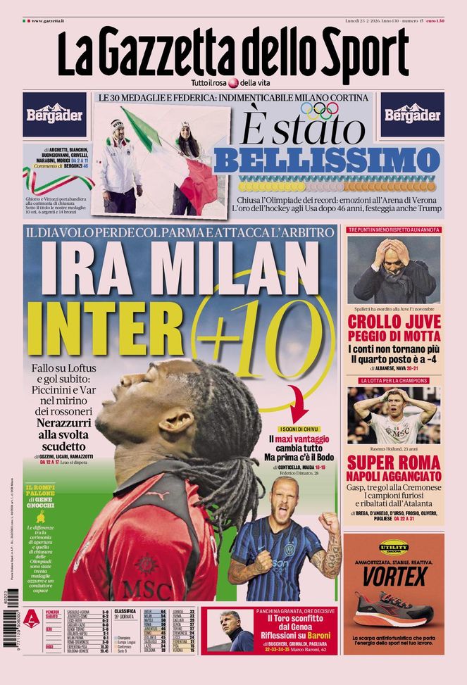 La Gazzetta dello Sport, la prima pagina di oggi, lunedì 23 febbraio 2026 La Gazzetta dello Sport