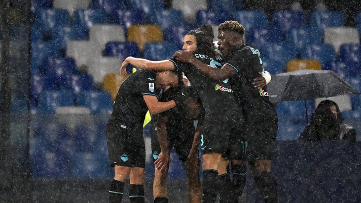 NAPLES, ITALY - DECEMBER 08: Gustav Isaksen of SS Lazio celebrates after scoring his side first goal during the Serie A match between Napoli and SS Lazio at Stadio Diego Armando Maradona on December 08, 2024 in Naples, Italy. (Photo by Francesco Pecoraro/Getty Images) napoli lazio