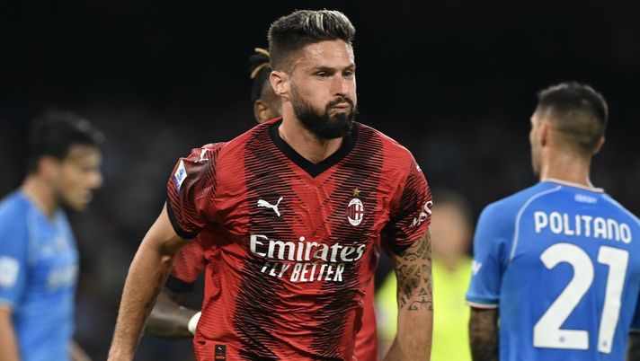 L'esultanza di Olivier Giroud (attaccante AC Milan) al suo primo gol in Napoli-Milan 2-2 (Serie A 2023-2024) | News (Getty Images) esultanza gol Olivier Giroud AC Milan Napoli-Milan 2-2 Serie A 2023-2024