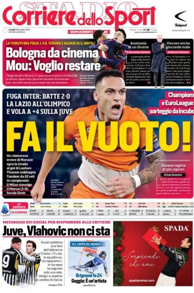 EDICOLA / CdS: Fa il vuoto. Fuga Inter a +4 sulla Juve con Lautaro e Thuram - immagine 1
