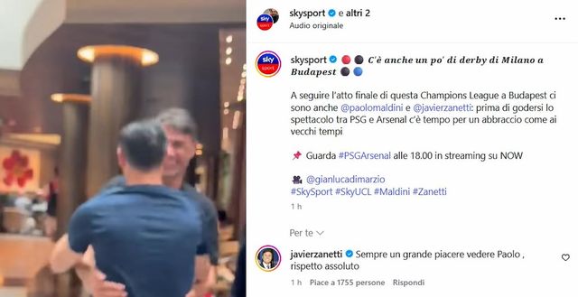 Sky – Finale di Champions, a Budapest l’abbraccio Maldini-Zanetti: “Rispetto assoluto”- immagine 2