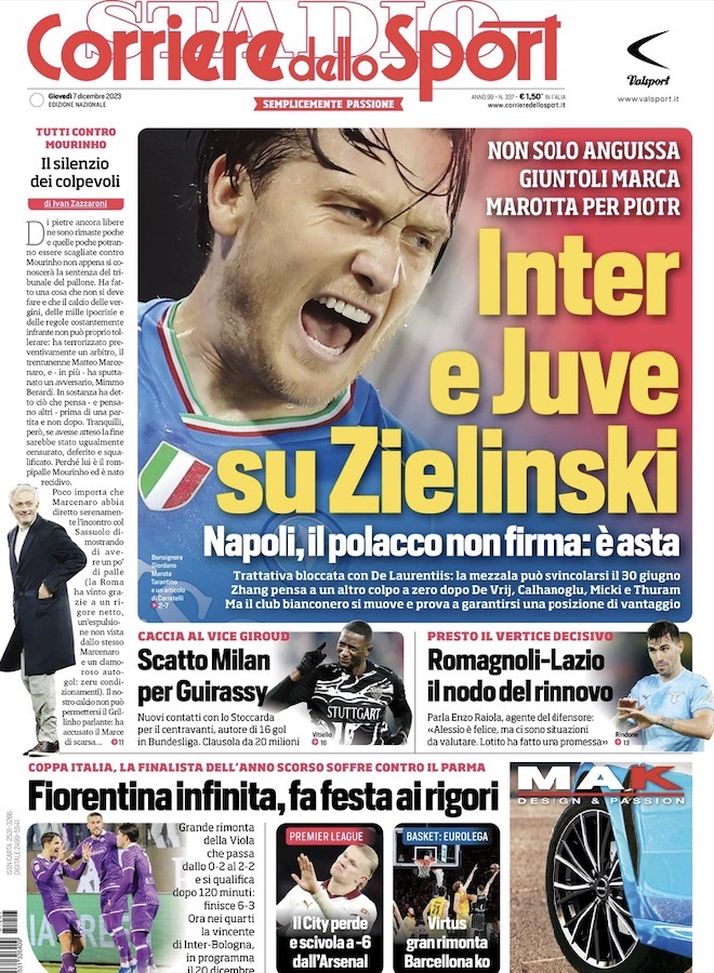 Il Corriere dello Sport, la prima pagina di oggi, giovedì 7 dicembre 2023 Il Corriere dello Sport