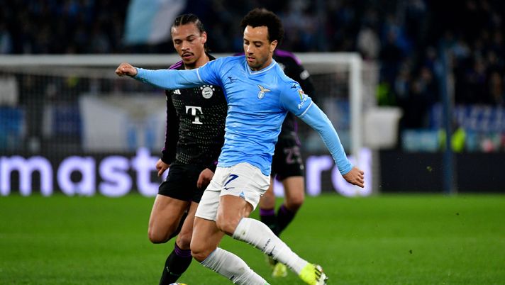 ROME, ITALY - FEBRUARY 13: Felipe Anderson of SS Lazio compete for the ball with Leroy Sanè of Bayern Munchen during the UEFA Champions League match against SS Lazio and Bayern Munchen at Formello sport centre on February 13, 2024 in Rome, Italy. (Photo by Marco Rosi - SS Lazio/Getty Images) Felipe Anderson