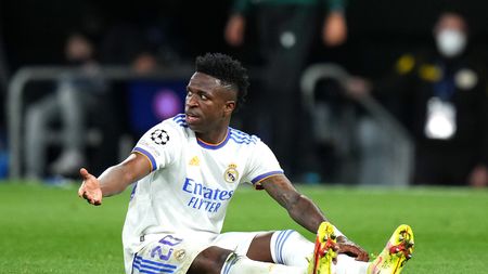 MADRID, SPAIN - MAY 04: Vinicius Junior of Real Madrid reacts during the UEFA Champions League Semi Final Leg Two match between Real Madrid and Manchester City at Estadio Santiago Bernabeu on May 04, 2022 in Madrid, Spain. (Photo by Angel Martinez/Getty Images)