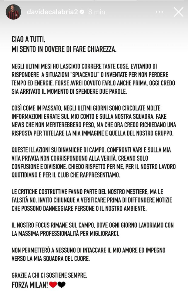 Calabria: “Ora parlo io: illazioni e fake news su di me e sulla squadra! Rispondo così”- immagine 2