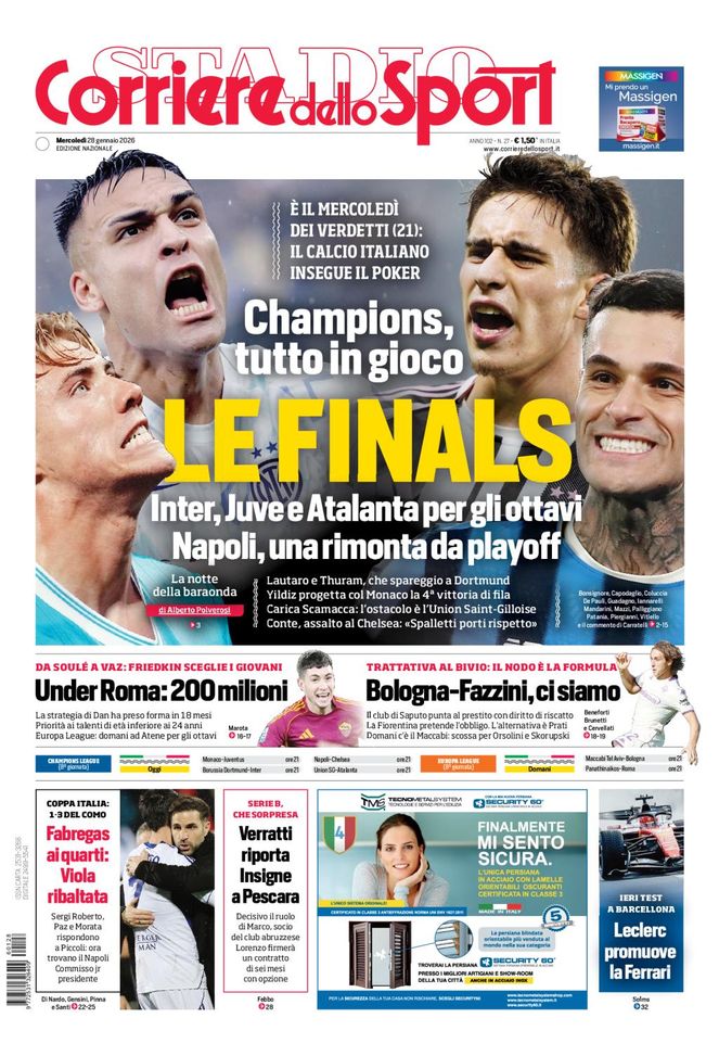 Il Corriere dello Sport, la prima pagina di oggi, mercoledì 28 gennaio 2026 Il Corriere dello Sport