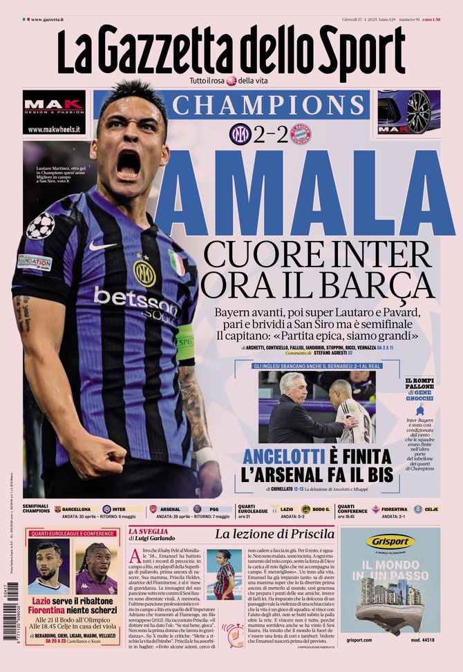 La Gazzetta dello Sport, la prima pagina di oggi, giovedì 17 aprile 2025 La Gazzetta dello Sport