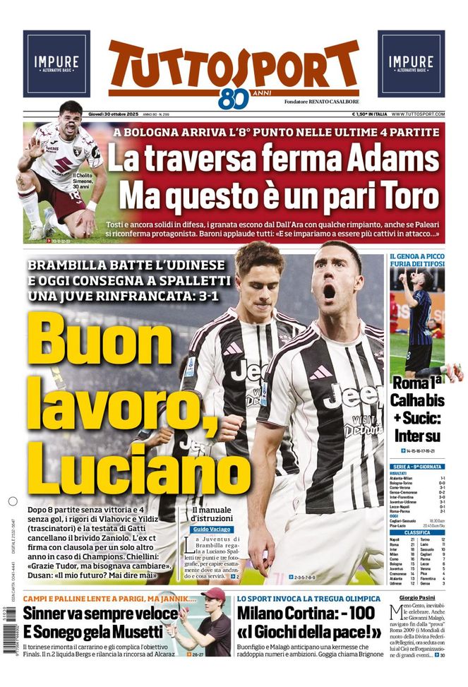 Tuttosport, la prima pagina di oggi, giovedì 30 ottobre 2025 Tuttosport