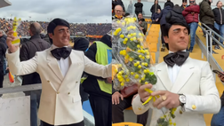 Lecce-Cremonese, show dell’imitatore di Sal Da Vinci che lancia mimose IL VIDEO