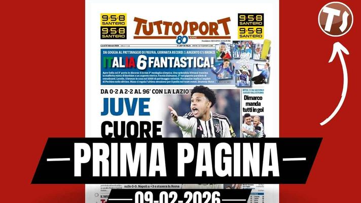 Prima pagina Tuttosport: 'Juve, cuore e rabbia: da 0-2 a 2-2 al 96' con la Lazio'