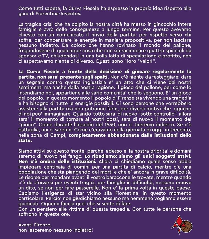 Curva Fiesole, niente Fiorentina-Juventus:  “Atto che viene dai sentimenti”- immagine 2