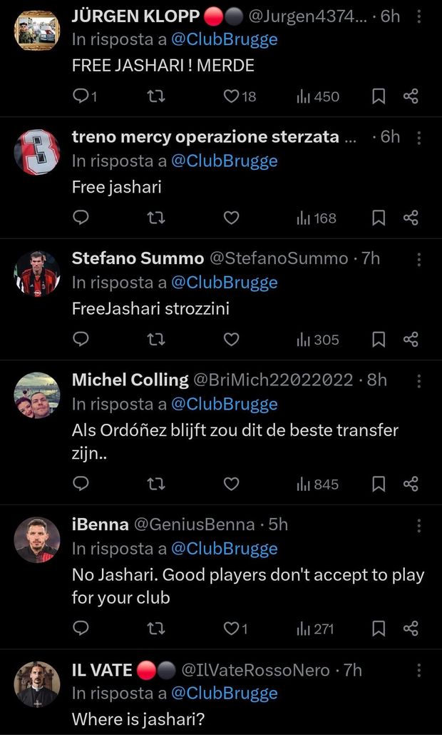 Free Jashari: il nuovo trend lanciato dai tifosi del Milan sui social del Club Brugge- immagine 2