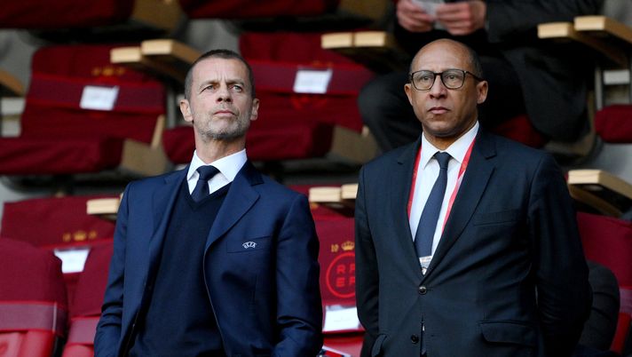 SEVILLE, SPAIN - FEBRUARY 28: Aleksander Ceferin, President of UEFA, and Philippe Diallo, President of the French Football Federation, look on prior to the UEFA Women's Nations League 2024 Final match between Spain and France at Estadio La Cartuja on February 28, 2024 in Seville, Spain. (Photo by David Ramos/Getty Images) Diallo PSG