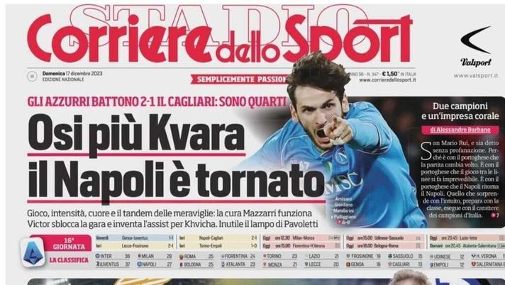 LA PRIMA PAGINA DEL CORRIERE DELLO SPORT: “Osi più Kvara. Il Napoli è tornato” - immagine 1