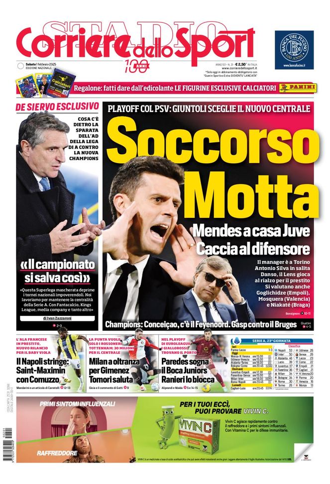 Il Corriere dello Sport, la prima pagina di oggi, sabato 1° febbraio 2025 Il Corriere dello Sport