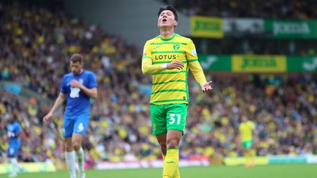 NORWICH, ENGLAND - SEPTEMBER 30: Ui Jo Hwang of Norwich City reacts after a missed chance during the Sky Bet Championship match between Norwich City and Birmingham City at Carrow Road on September 30, 2023 in Norwich, England. (Photo by Cameron Howard/Getty Images)