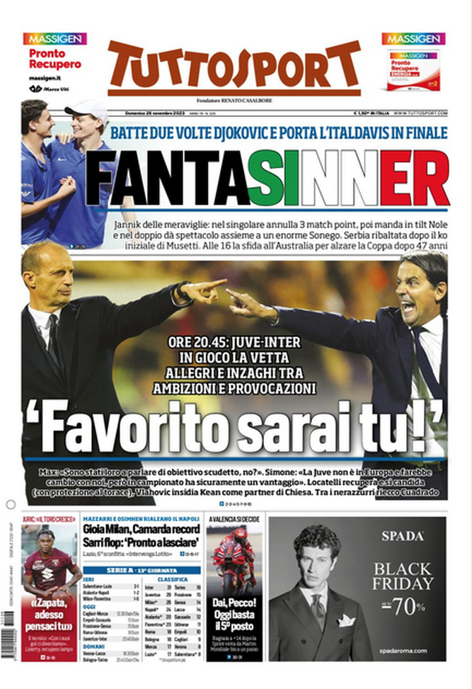 La prima pagina di Tuttosport 26-11-2023