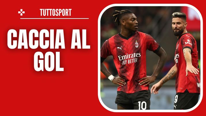 Olivier Giroud e Rafael Leao (attaccanti AC Milan) esultano per la rete del francese in Bologna-Milan 0-2 (Serie A 2023-2024) | News (Getty Images) Giroud Leao AC Milan Bologna-Milan 0-2 Serie A 2023-2024