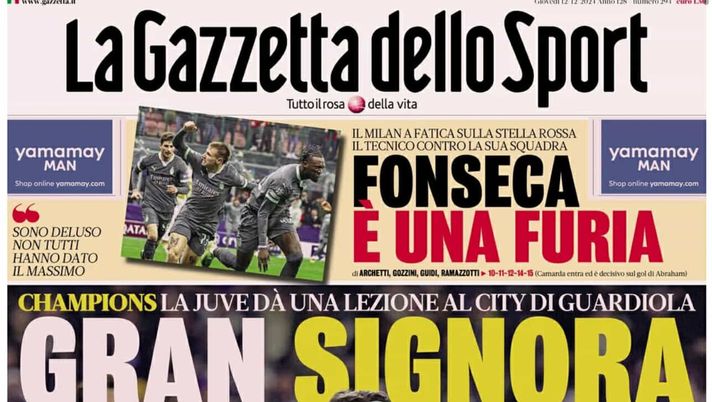 PRIMA PAGINA GAZZETTA DELLO SPORT: “Gran Signora, la Juve dà una lezione al City di Guardiola” PRIMA PAGINA GAZZETTA DELLO SPORT OGGI: “Inzaghi al rinnovo, ci metto la firma”