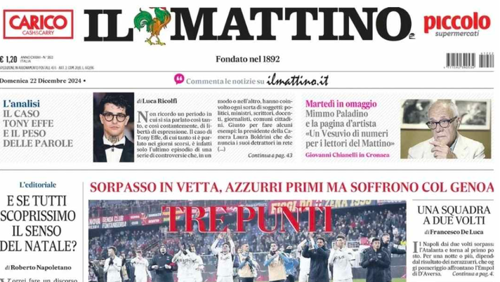 PRIMA PAGINA IL MATTINO OGGI: “Tre punti sotto l’albero” - immagine 1