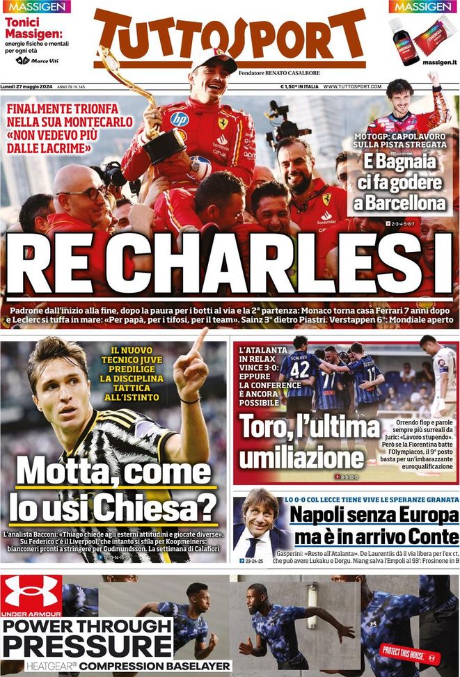 Tuttosport, la prima pagina di oggi, lunedì 27 maggio 2024 Tuttosport