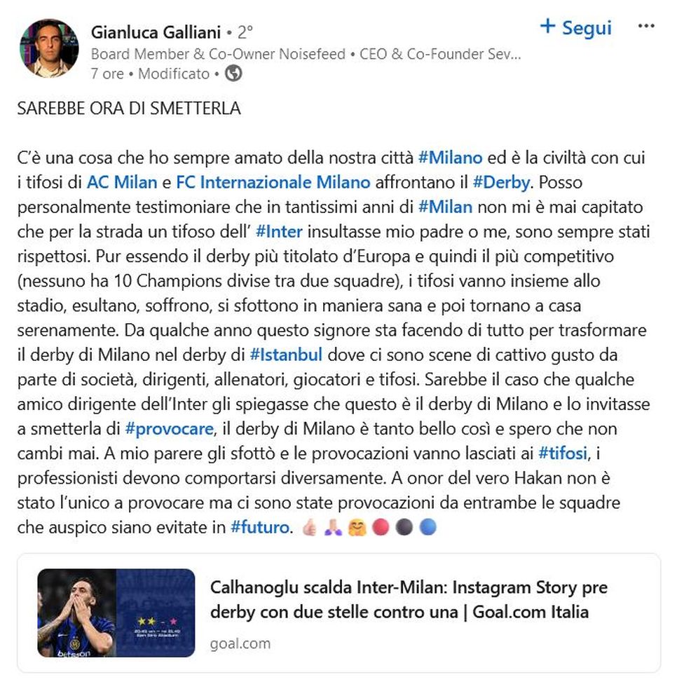 Galliani jr attacca Calhanoglu: “Vuole trasformare il derby di Milano in quello di Istanbul”- immagine 4