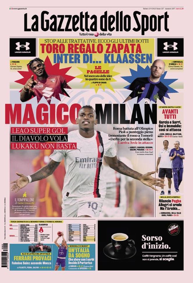 La Gazzetta dello Sport, la prima pagina di oggi, sabato 2 settembre 2023 La Gazzetta dello Sport
