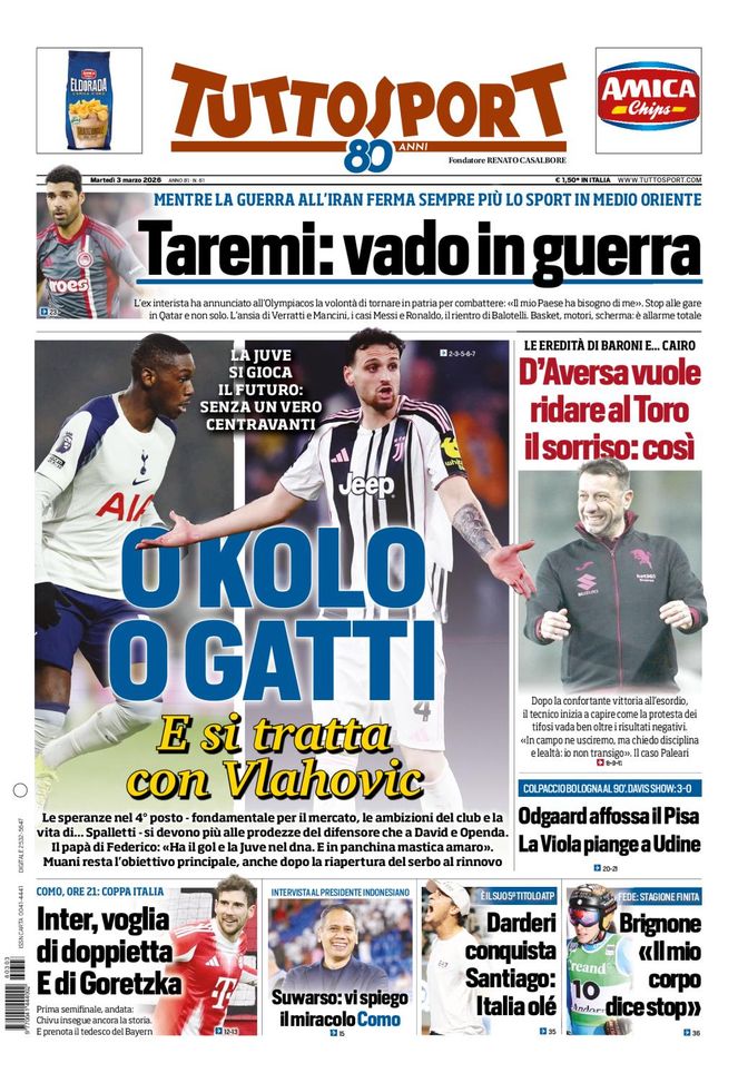 Tuttosport, la prima pagina di oggi, martedì 3 marzo 2026 Tuttosport
