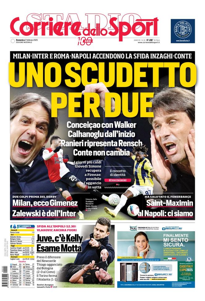 Il Corriere dello Sport, la prima pagina di oggi, domenica 2 febbraio 2025 Il Corriere dello Sport