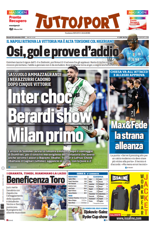 La prima pagina di Tuttosport 28-09-2023