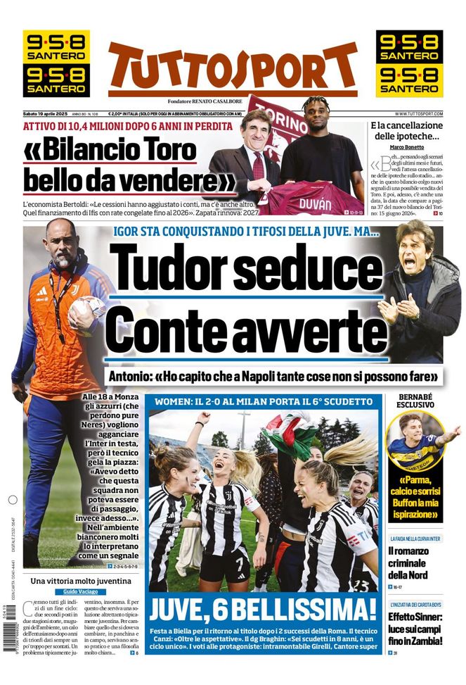 Tuttosport, la prima pagina di oggi, sabato 19 aprile 2025 Tuttosport