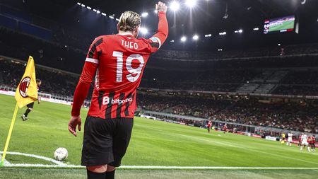 MILAN, ITALY - APRIL 20: Theo Hernandez of AC Milan in action during the Serie A match between AC Milan and Atalanta at Stadio Giuseppe Meazza on April 20, 2025 in Milan, Italy. (Photo by Giuseppe Cottini/AC Milan via Getty Images) Theo Hernandez Atletico