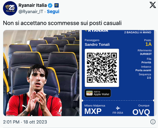 Caso scommesse, Tonali: la caduta di stile di Ryanair | FOTO- immagine 2