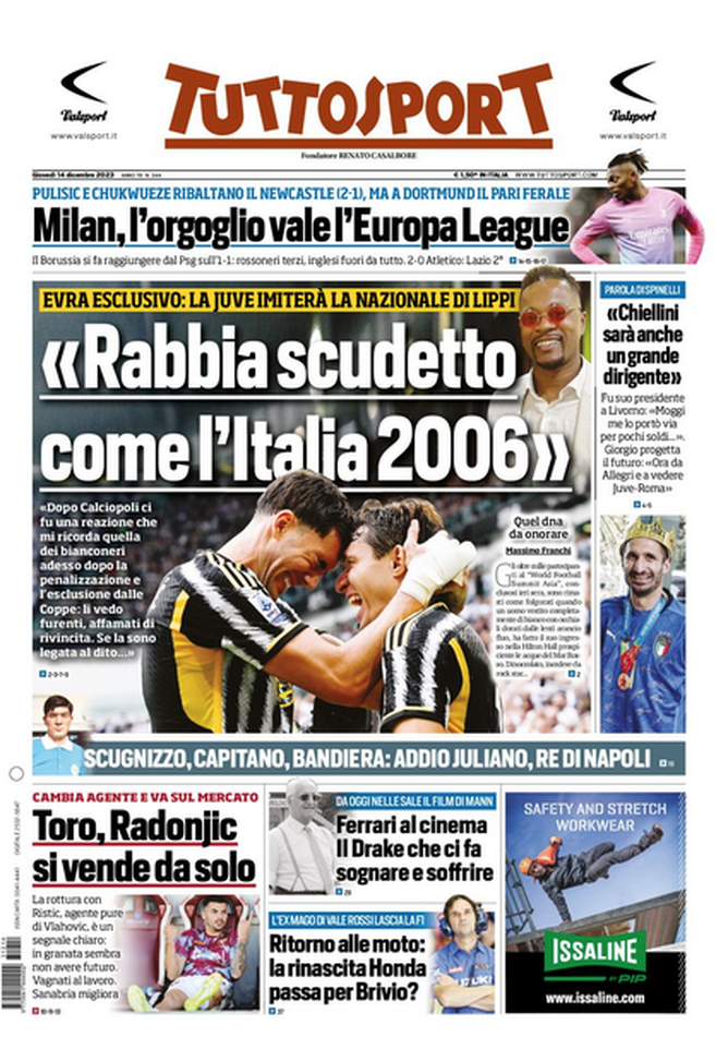 La prima pagina di Tuttosport 14/12/2023