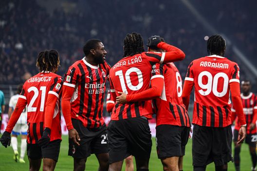 MILAN, ITALY - DECEMBER 03: Rafael Leao of AC Milan celebrates his goal with his team-mates during the Coppa Italia match between AC Milan and Sassuolo at Stadio Giuseppe Meazza on December 03, 2024 in Milan, Italy. (Photo by Giuseppe Cottini/AC Milan via Getty Images) Milan-Coppa-Italia