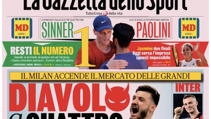 PRIMA PAGINA GAZZETTA DELLO SPORT OGGI: “Il Milan accende il mercato delle grandi” PRIMA PAGINA GAZZETTA DELLO SPORT OGGI: “Inzaghi al rinnovo, ci metto la firma”