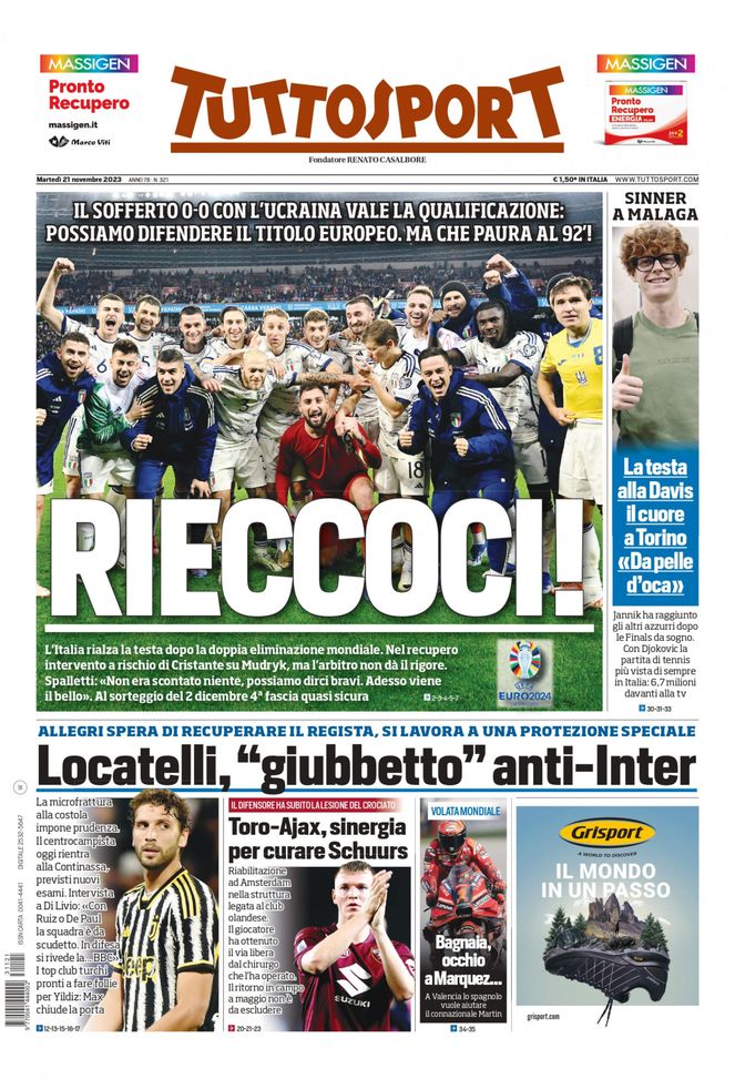 Tuttosport, la prima pagina di oggi, martedì 21 novembre 2023 Tuttosport