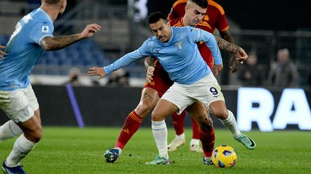 ROME, ITALY - NOVEMBER 12: Pedro Rodriguez of SS Lazio compete for the ball with Gianluca Manicini of AS Roma during the Serie A TIM match between SS Lazio and AS Roma at Stadio Olimpico on November 12, 2023 in Rome, Italy. (Photo by Marco Rosi - SS Lazio/Getty Images)