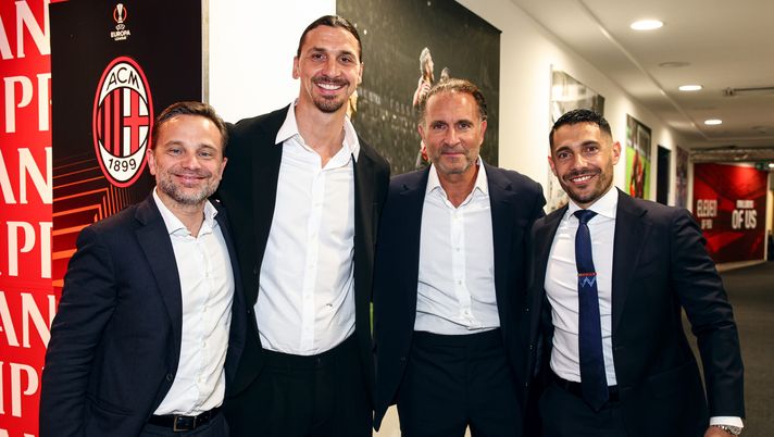 MILAN, ITALY - APRIL 11: (L-R) CEO of #ACMilan, Giorgio Furlani, Zlatan Ibrahimovic, Founder and Managing Partner of RedBird Gerry Cardinale and AC Milan Technical Director Geoffrey Moncada pose prior to the UEFA Europa League 2023/24 Quarter-Final first leg match between AC Milan and AS Roma at Stadio Giuseppe Meazza on April 11, 2024 in Milan, Italy. (Photo by Daniele Venturelli - AC Milan/AC Milan via Getty Images) Direttore Sportivo Milan
