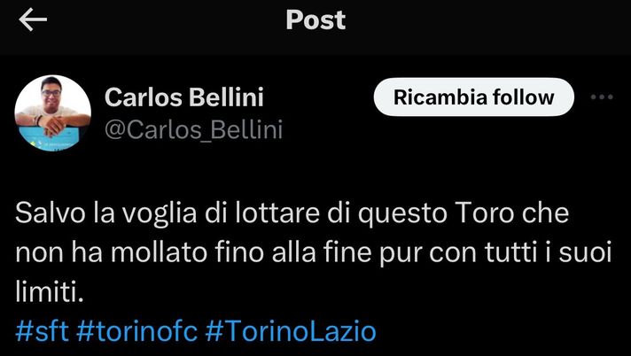 Torino-Lazio 2-3, reazioni social: “Salvo la voglia di lottare di questo Toro” - immagine 1