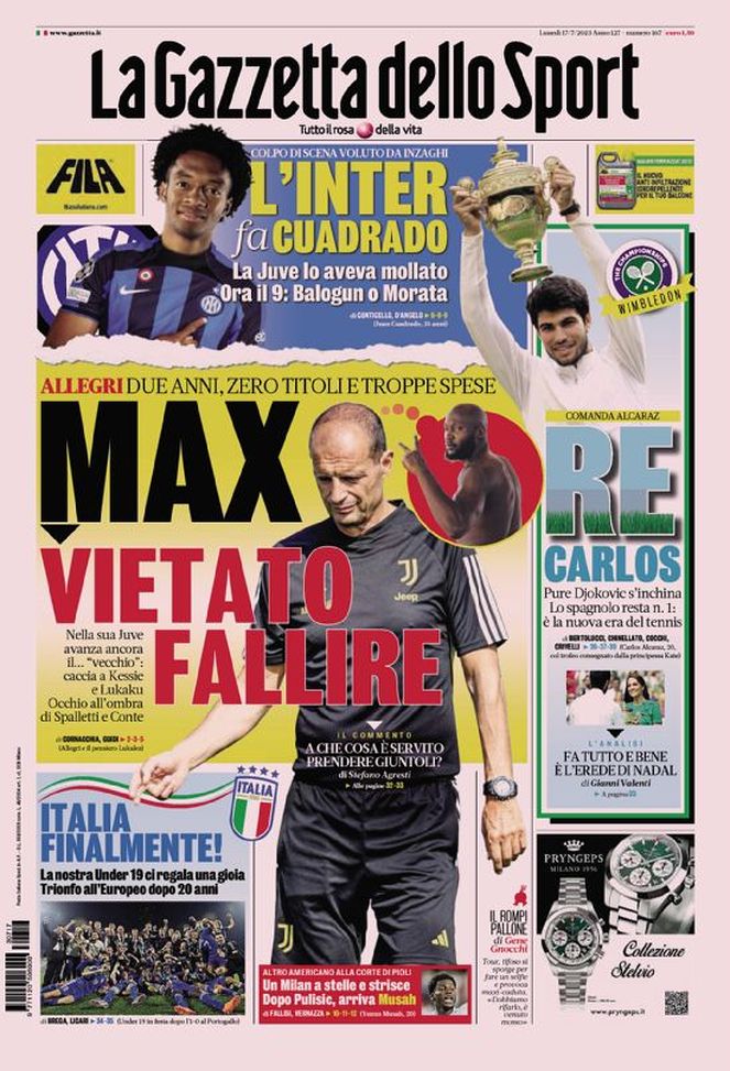 La Gazzetta dello Sport, la prima pagina di oggi, lunedì 17 luglio 2023 La Gazzetta dello Sport