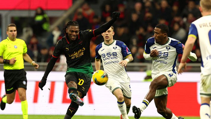 MILAN, ITALY - FEBRUARY 15: Rafael Leao of AC Milan competes for the ball with Jackson Tchatchoua of Verona during the Serie A match between AC Milan and Verona at Stadio Giuseppe Meazza on February 15, 2025 in Milan, Italy. (Photo by Claudio Villa/AC Milan via Getty Images)  Milan
