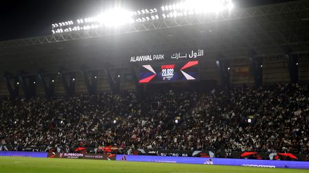 RIYADH, SAUDI ARABIA - JANUARY 10: General view inside the stadium as the LED screen displays the attendance number during the Super Copa de Espana semi-final match between Real Madrid CF and Atletico Madrid at Al-Awwal Park on January 10, 2024 in Riyadh, Saudi Arabia. (Photo by Yasser Bakhsh/Getty Images)